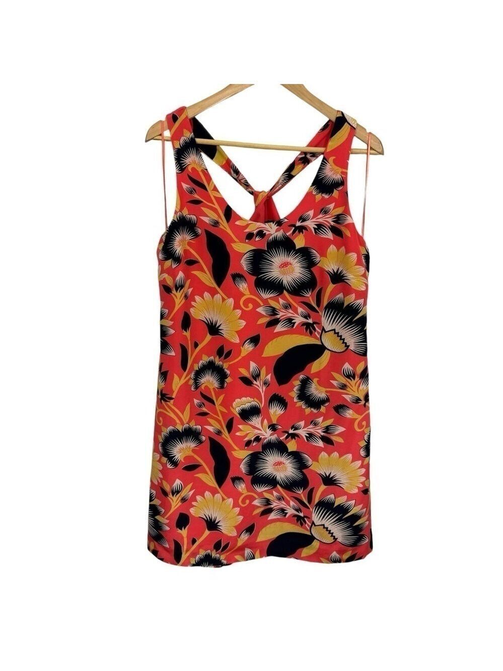 J Crew 100% Silk Floral Dress Sz 10 Orange Navy Tropical Print Halter Short EUC